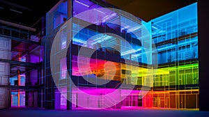 Multicolored building with multiple levels of light coming out of the windows