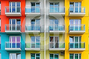 A multicolored building with numerous balconies and vibrant faÃƒÂ§ade stands tall in the bustling city center, An apartment