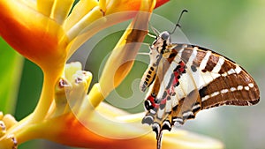 exotic motley butterfly on an orange flower, macro photography of this gracious and fragile Lepidoptera with wide colorful wings  photo