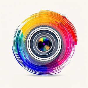 Multicolored camera lens on white background with white background. AI