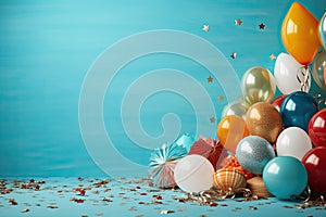 Multicolored carnival or birthday background on blue with a frame of colorful party balloons, streamers, confetti and candy