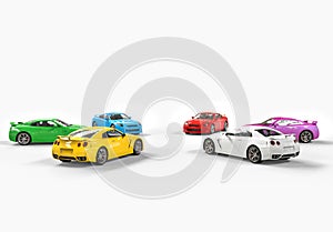 Multicolored cars facing each other in a circle on white background