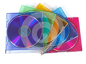 Multicolored CD, DVD disks in color boxes