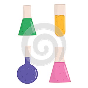 Multicolored chemical flasks isolated on white background.