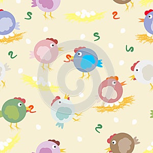 Multicolored chicks, worms and egg nests. Funny original vector pattern for your design.