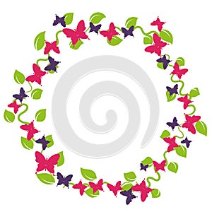 Multicolored circle of floral patterns and butterflies