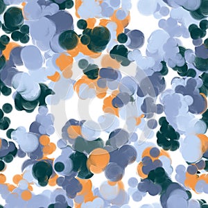 Multicolored circles onthe white background. Blue, violet and orange colors with reflection efect. Seamless pattern