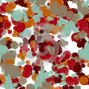 Multicolored circles onthe white background. Red, orange, blue, beige and brown colors with reflection effect. Seamless pattern
