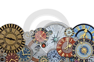 Multicolored collection of ancient church tower clocks on a pile