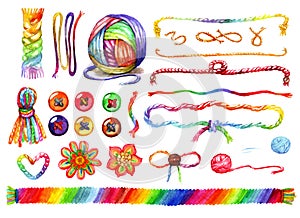 Multicolored colorful watercolor wool cords and tangle of rainbow colored threads drawn by hand isolated on white background illus