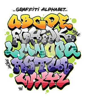 Multicolored comic style graffiti alphabet. Editable vector font