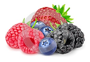 Multicolored composition: heap of forest berries - raspberry, strawberry, blueberry and blackberry, isolated on a white