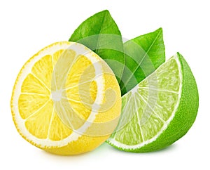 Multicolored composition with slices of sour citrus fruits - lime and lemon isolated on a white background.