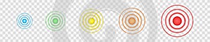Multicolored concentric points. Symbols of aim, target, pain, healing, hurt, painkilling. Round localization icons