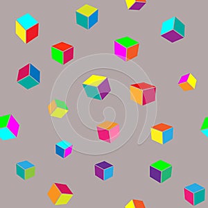 Multicolored cubes on gray background, abstract seamless pattern.