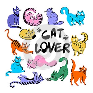 Multicolored cute cats. Illustration with different cartoon characters cats