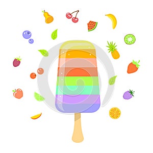 Multicolored cute fruity ice cream with different fruits and berries