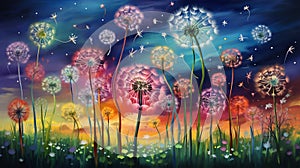 multicolored dandelions, each hue blending harmoniously on a grassy background