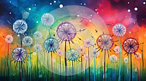 multicolored dandelions, each hue blending harmoniously on a grassy background