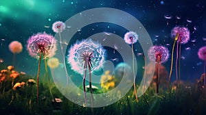 multicolored dandelions, each hue blending harmoniously on a grassy background