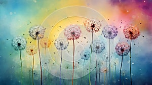 multicolored dandelions, each hue blending harmoniously on a grassy background