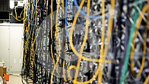 Multicolored data center wiring. Stock footage. Close-up of wall of computer data centers with lots of multicolored