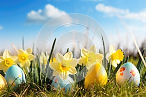 Multicolored decorated eggs in grass against the background of yellow daffodils in nature. Happy Easter.