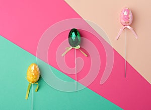 Multicolored decorative Easter eggs decorated with sequins