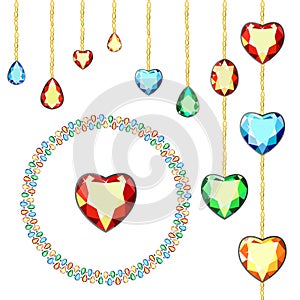 Multicolored diamonds on gold chains. Postcard with colorful gems. Colored gems of different cut.