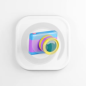 Multicolored digital photo camera icon. 3d rendering white square button key, interface ui ux element