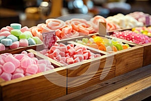 A multicolored display of tempting confections at the vibrant store counter