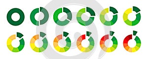 Multicolored donut sections collection. Wheel charts diagrams with cut. Infographic round elements set. Pack of 1 to 12