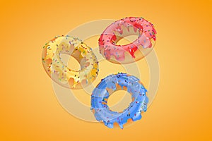 Multicolored Donuts with Glaze and Sprinkles. 3d Rendering