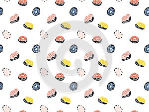 Multicolored donuts seamless pattern on a white background. Scandinavian style design for menus, cafes, wallpapers, brown paper, e
