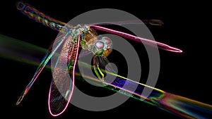 Multicolored dragonfly on a branch, macro photo of this elegant and fragile predator, digital neon light effect, black background