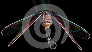 Multicolored dragonfly on its perch, macro photo of this gracious and fragile predator with wide wings and big faceted eyes