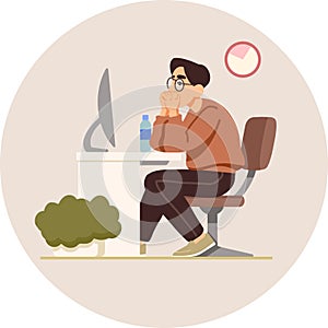 Multicolored drawing with a guy sitting at a computer for printing and design.Vector illustration.