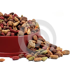 Multicolored dry cat or dog food in red bowl isolated on white background