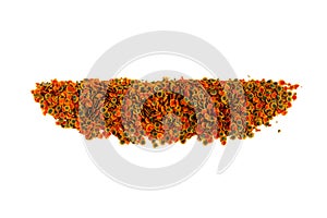 Multicolored dry food for aquarium fish on a white background. View from above