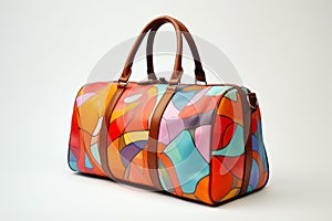 Multicolored duffel bag with brown leather strap on white background. Generative AI