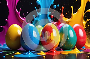 Multicolored Easter eggs with drops and splashes of paints. Black background