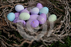 Multicolored easter eggs lie in the nest on the ground