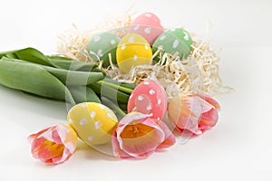 Multicolored eggs and pink tulips over white background.