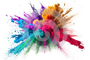 Multicolored explosion of rainbow holi powder paint isolated on white background, AI Generative