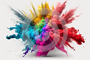 Multicolored explosion of rainbow holi powder paint on white background