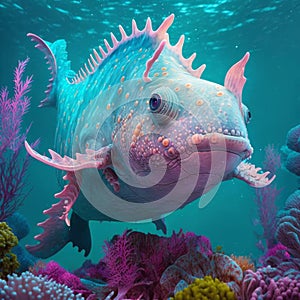 Multicolored fairy fish with big bulging eyes in close-up on the background of the seascape with corals. Concept art. AI generated