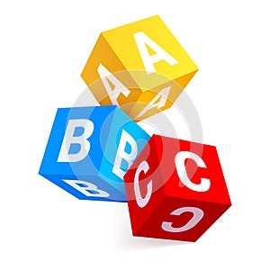 Multicolored falling alphabet cubes with letters A,B,C realistic vector childish educative game toy