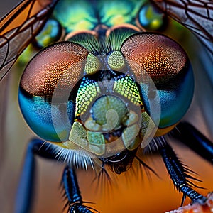 Multicolored fantastic eye blue dragonfly closeup macro, facet vision of insect