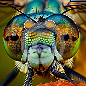 Multicolored fantastic eye blue dragonfly closeup macro, facet vision of insects