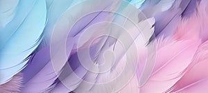 Multicolored feathers in pastel colors in shades of pink, blue, and purple. Feathers texture background. Use as